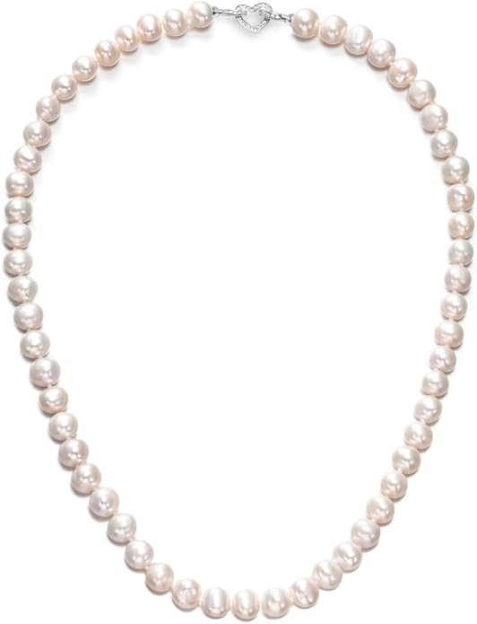 White Freshwater Cultured Pearl Necklace for Women, Real Pearl Strand Necklaces Jewelry with Hear... | Amazon (US)