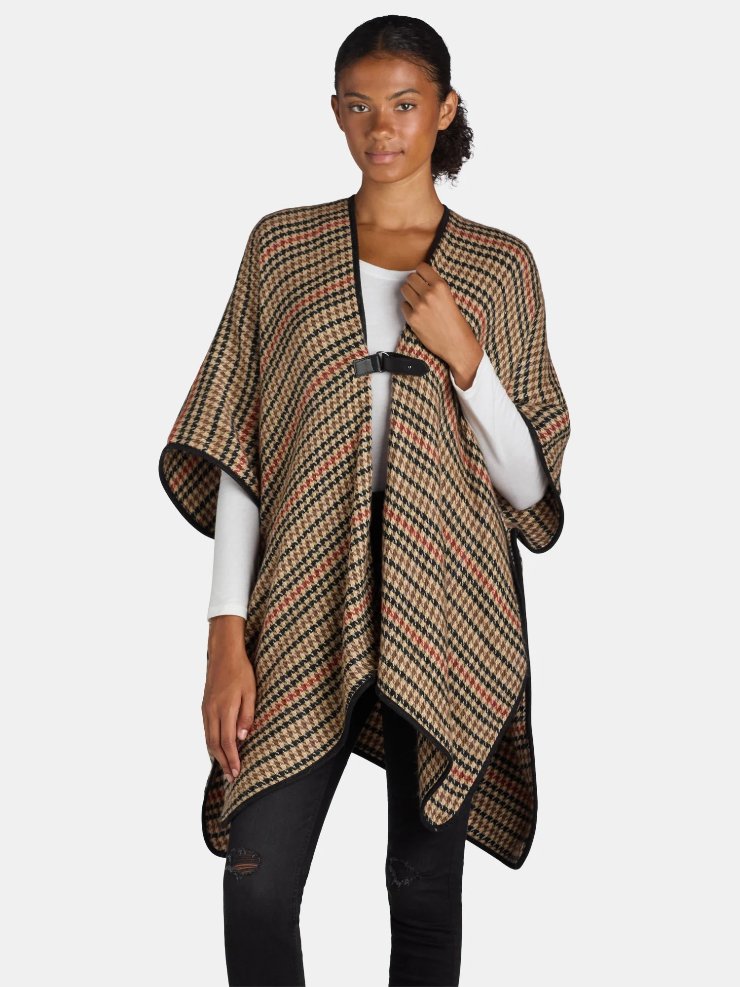 Time and Tru Women's Woven Fashion Cover-Up Ruana Layering Piece, Houndstooth | Walmart (US)