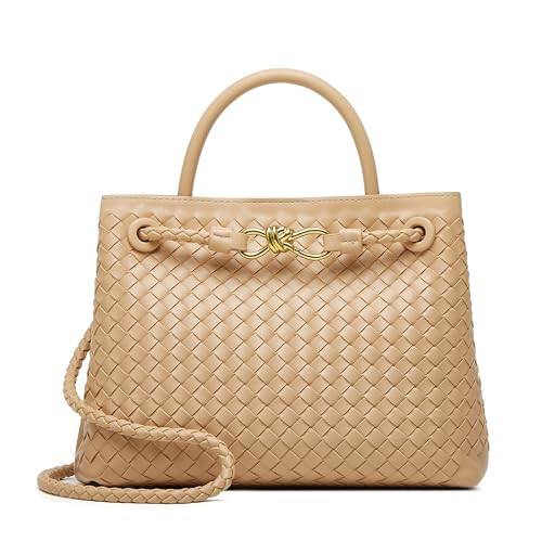 Woven Bag for Women Crossbody Handbag: Vegan Leather Small Tote Purse - Trendy Shoulder Handbags and Purses - Bowknot Satchel Purses (Apricot) | Amazon (US)