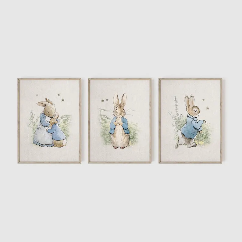 Peter Rabbit Nursery, Set of 3, Vintage Bunny Nursery Wall Art, Woodland Nursery, Beatrix Potter,... | Etsy (US)