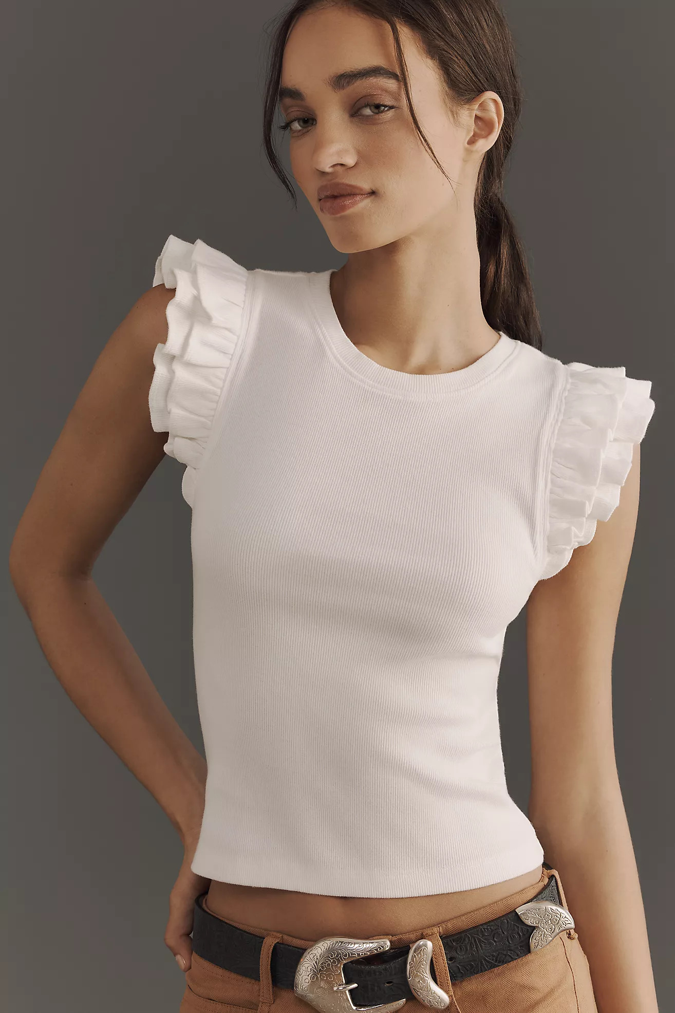 Maeve Ribbed Ruffle Tank Top | Anthropologie (US)