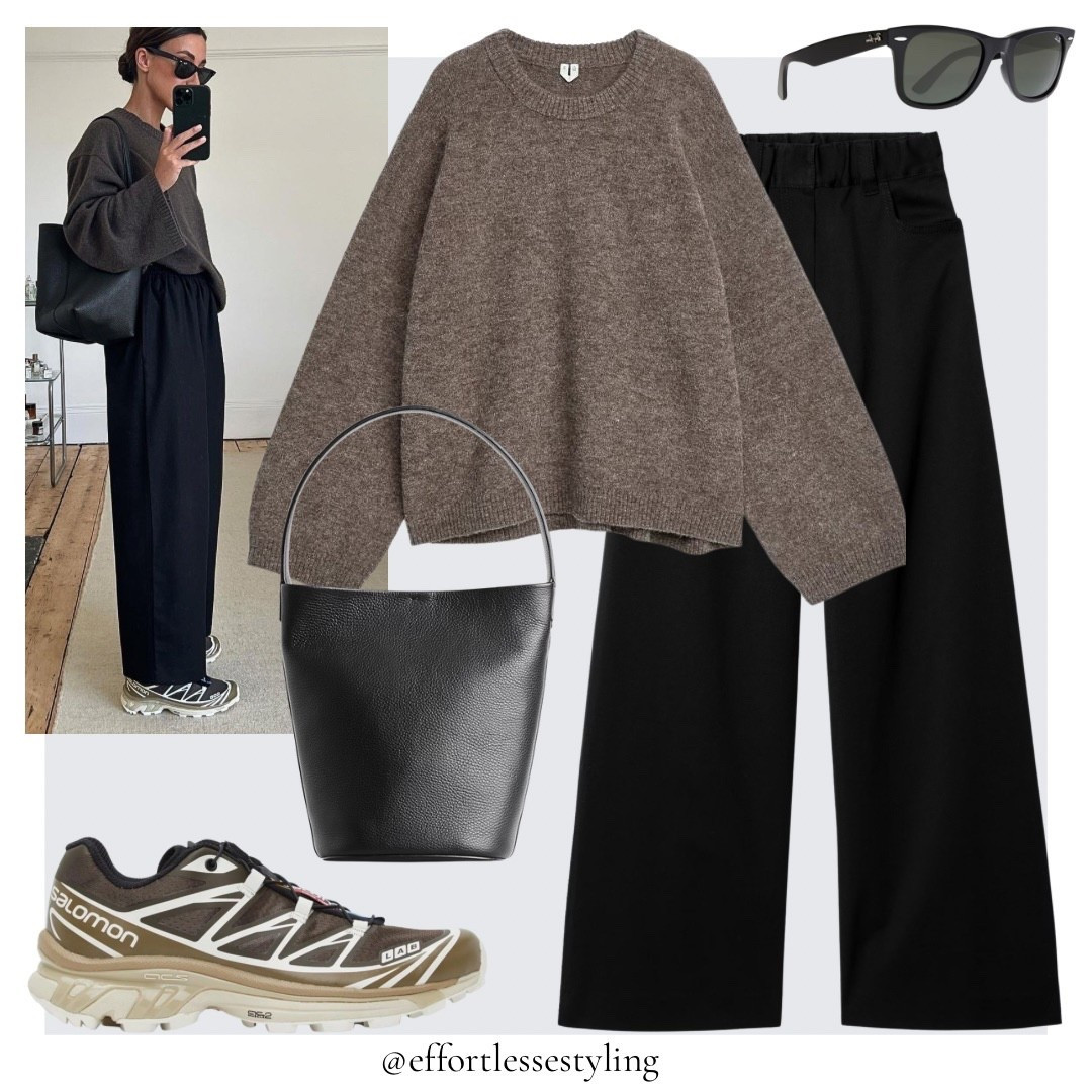 Casual Autumn outfit. 

Brown alpaca jumper, black wide leg trousers, black wayfarer sunglasses, brown and cream Salomon XT-6, black leather mini tote bag.

#LTKuk #LTKautumn #LTKstyletip