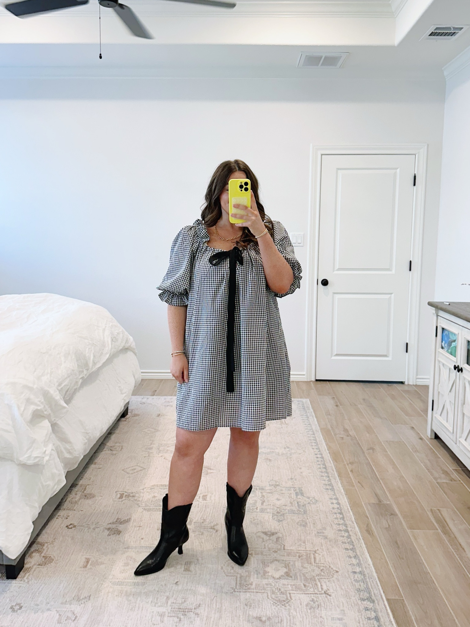 OBSESSED with this dress for fall! you can adjust the top to be as lose or tight as you want with the black ribbon. it’s so flattering, double line,  & sooooo comfortable! 
dress: large
boots: TTS