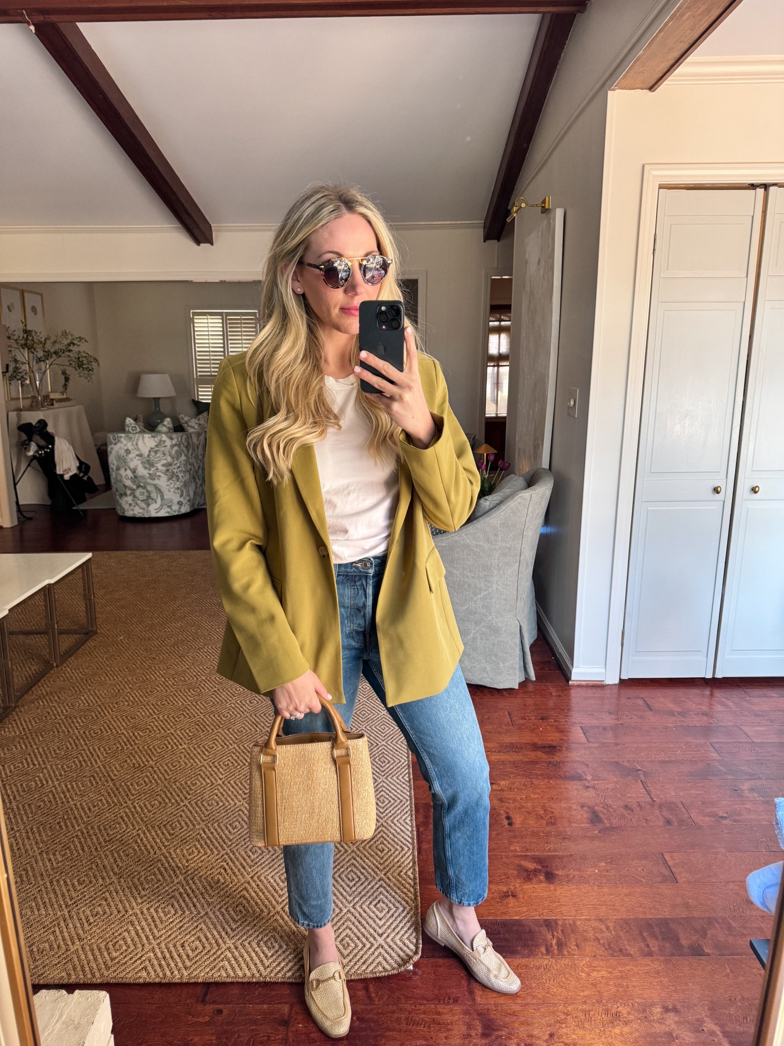 OBSESSED with this spring green Amazon blazer. Sized up to a medium for an oversized look. Amazon bag, sunnies, elevated basic puff sleeve t shirt and raffia slides. Linked similar Levi’s! Jeans and blazer outfit idea for spring 

#LTKfindsunder100 #LTKSpringSale #LTKstyletip