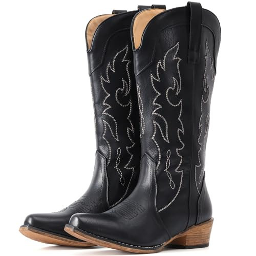 IUV Cowboy Boots for Women Mid Calf Fashion Cowgirl Boots with Embroidery Western Snip Toe | Amazon (US)