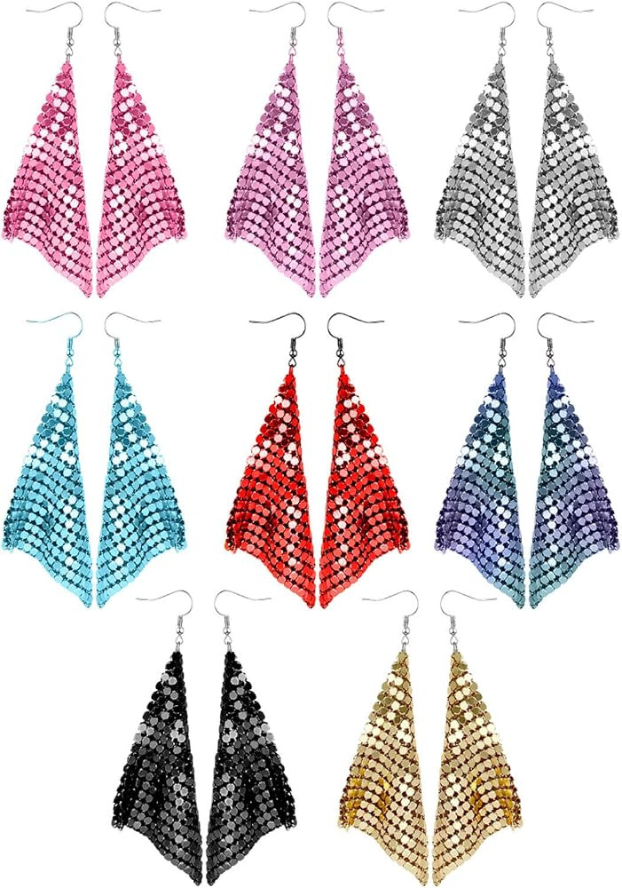 JELIEE 8 Pairs Sequin Dangle Earrings Trendy Women Earrings Gold Sequin Earrings Mesh Grid Tassel... | Amazon (US)