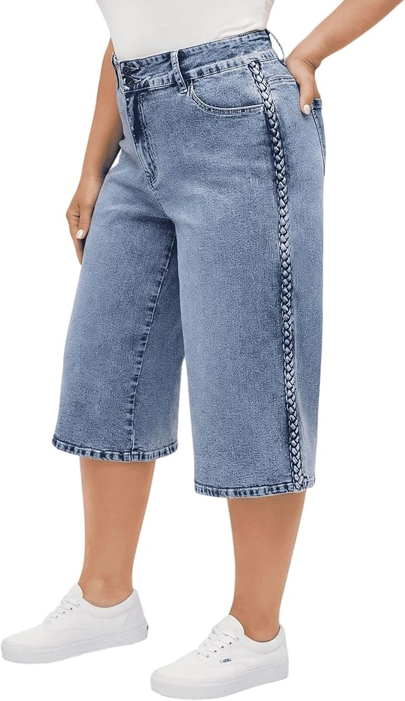 Women's Plus Size Wide Leg Capri Jeans with Braided Side Stripe, High Waisted Stretchy Baggy Boyf... | Amazon (US)