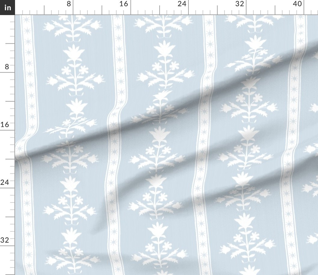 Fabric in Tulip Indienne Damask Stripe Soft Blue and White | Spoonflower