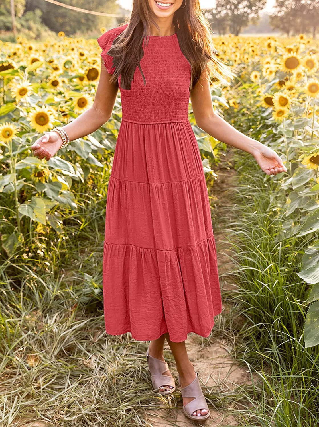 MEROKEETY Women's Flutter Short Sleeve Smocked Midi Dress Summer Casual Tiered A-Line Dress | Amazon (US)
