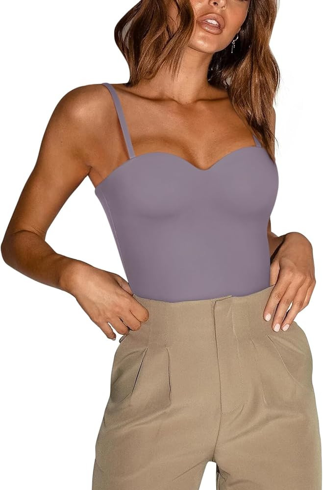 REORIA Womens Sexy Sleeveless V Neck Double Lined Trendy Going Out Cami Bodysuit Tank Tops | Amazon (US)