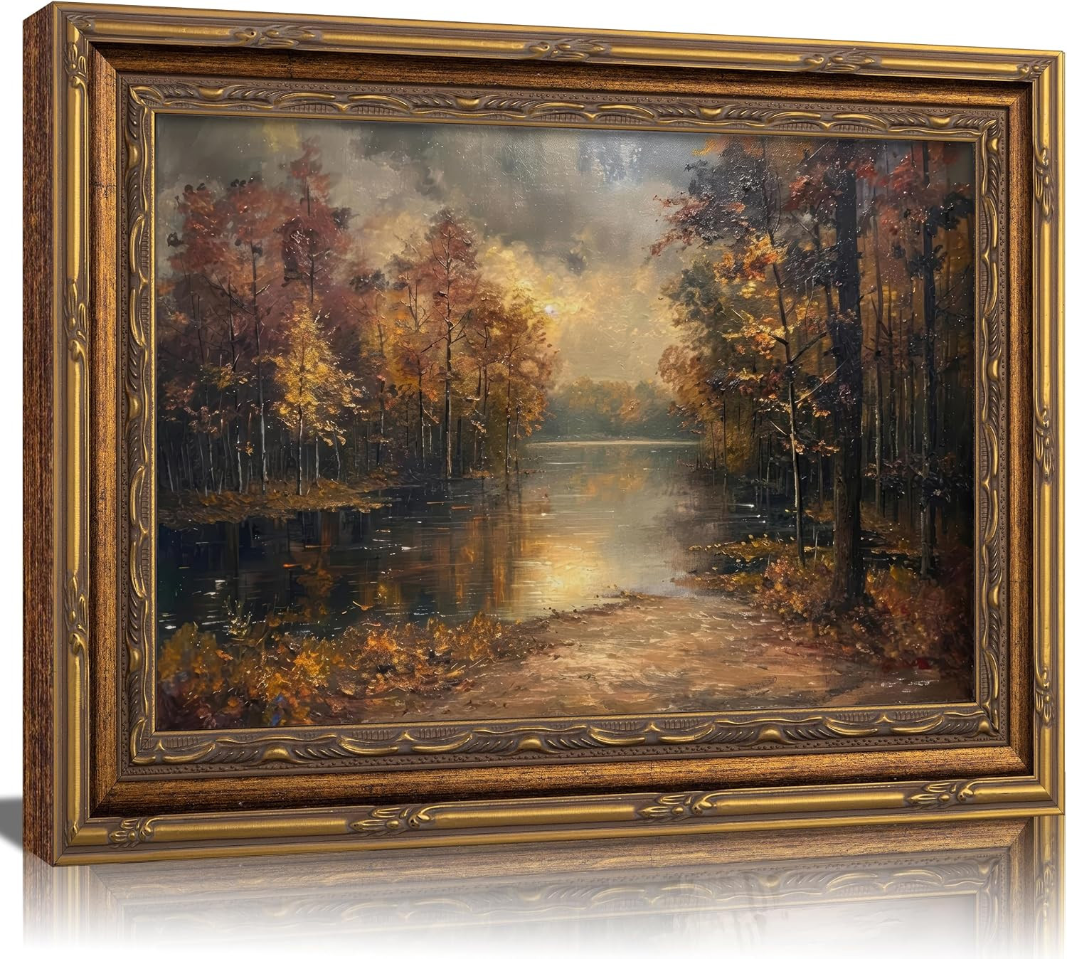 Vintage Carved Gold Frame Canvas Wall Art 3D Textured Fall Fores Lake Trees Relief Painting Picture Wall Decor Autumn Nature Iandscape Poster Print Artwork for Living Room Bedroom Home Decoration | Amazon (US)