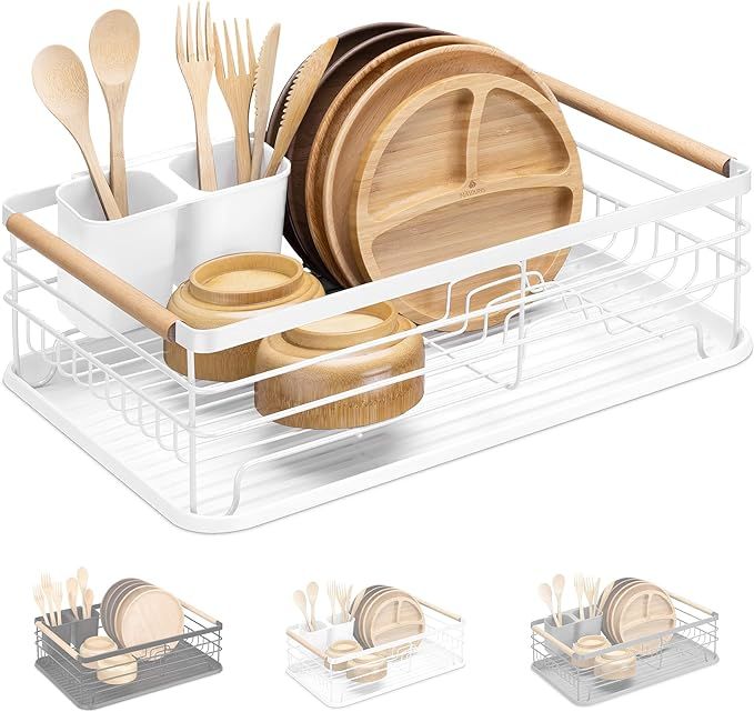 Navaris Dish Drainer Rack - Plate, Silverware, Pots and Pans Drying Rack for Kitchen with Beechwo... | Amazon (US)