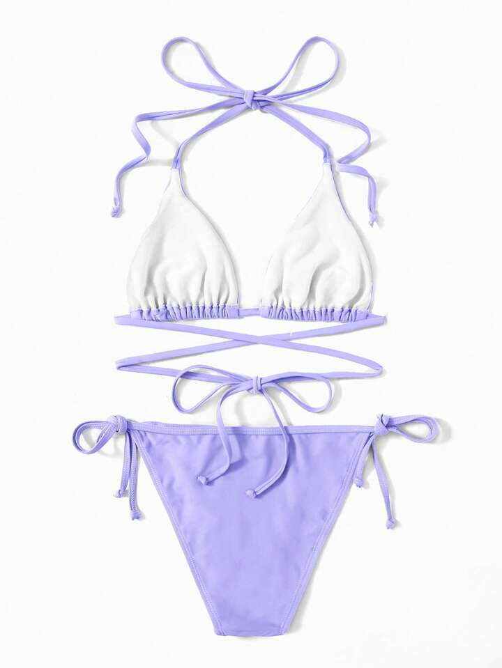 Swim Mod Summer Beach Solid Triangle Tie Side Bikini Set | SHEIN