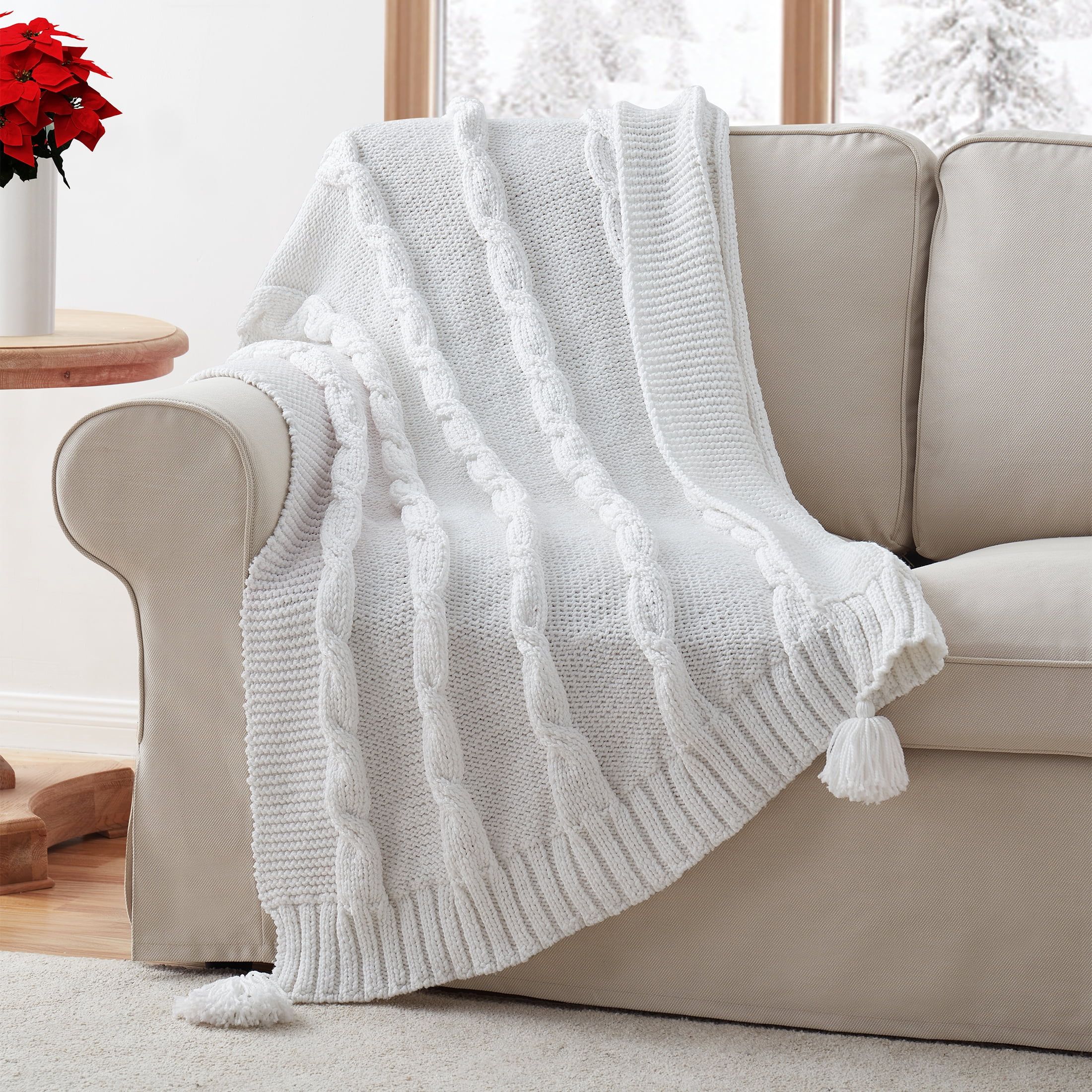 My Texas House Willow Cable Knit Solid Polyester Throw, Easy Wash, 50 x 60, White | Walmart (US)