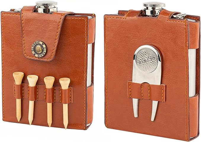 RE GOODS Golf Flask Gift Set - 7oz Flask With Leather Case - Golf Accessories for Men and Women -... | Amazon (US)