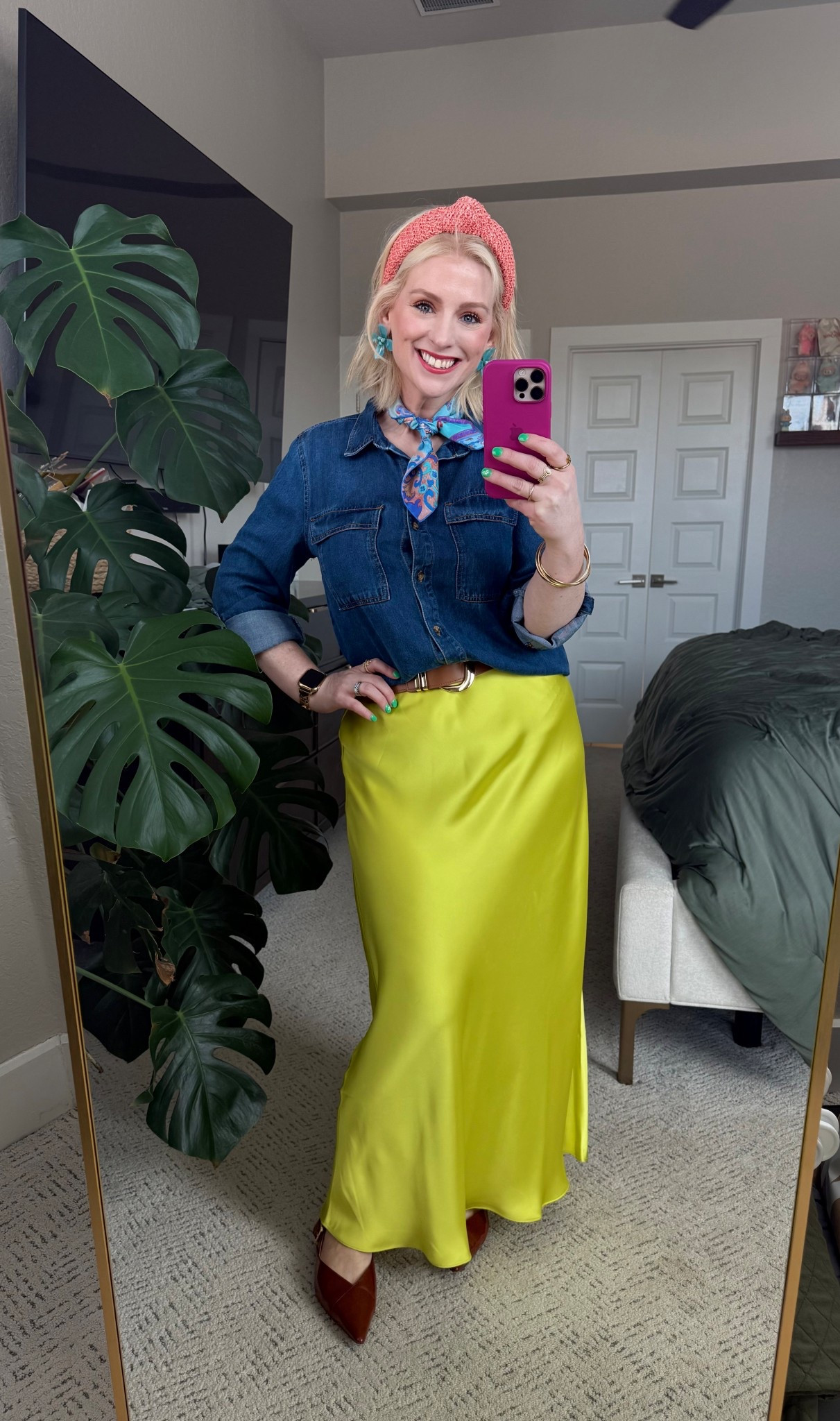 Bright, bold, and bringing the FUN this Friday 💚✨

This chartreuse satin maxi is an instant mood booster and I love how it pops against a classic denim button-down. Added a little scarf I picked up in Italy + headband moment because why not?? Color makes everything better.

Linking my skirt + similar denim tops and accessories here! 💫 

#LTKWorkwear #LTKootd #LTKMidsize