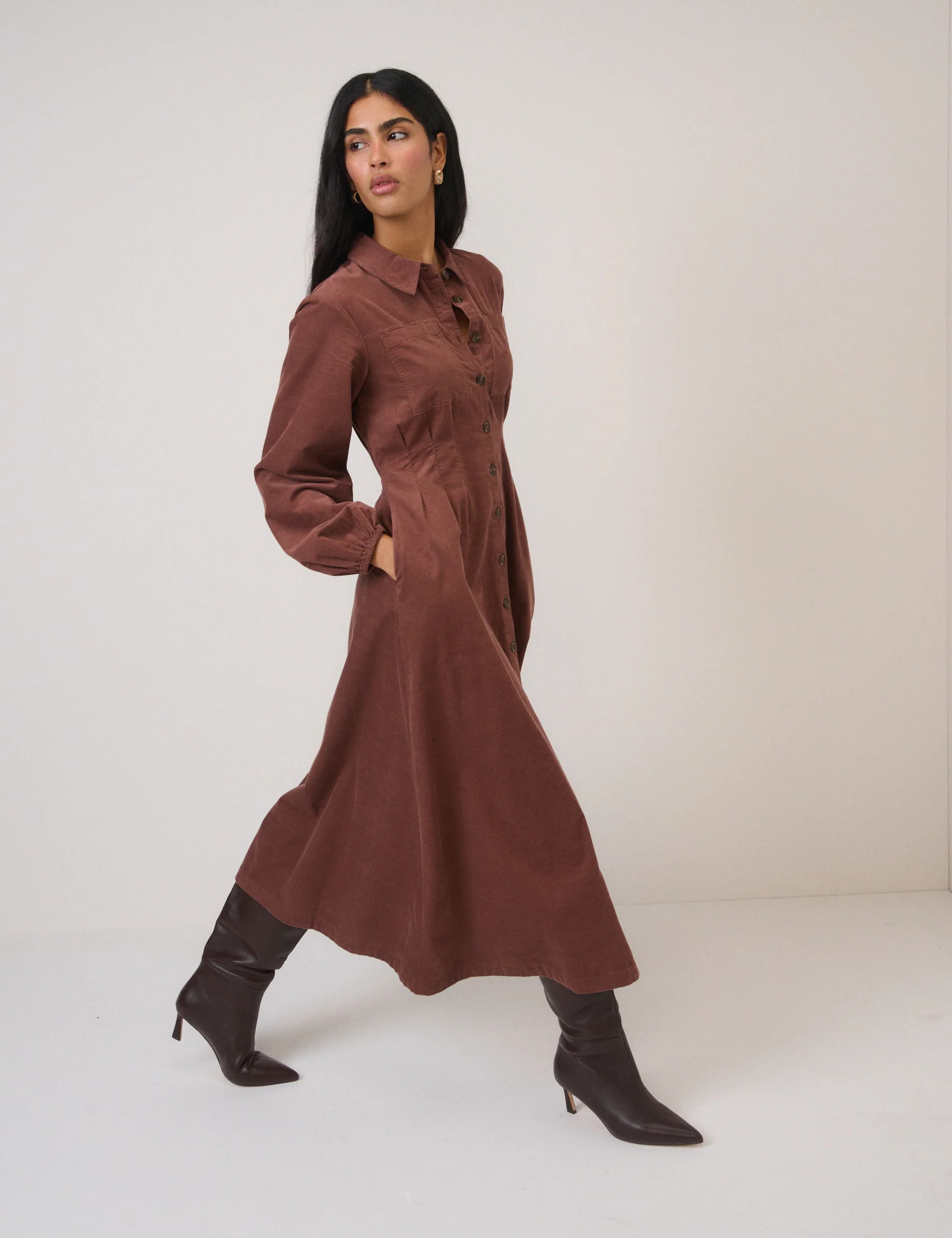 Brown Cord Balloon Sleeve Montego Midi Dress | Nobody's Child