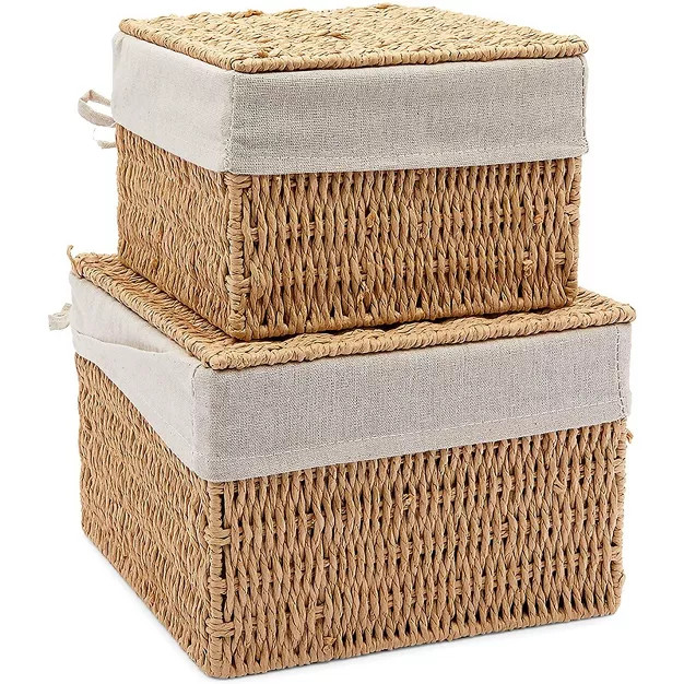Juvale Set of 2 Woven Wicker Storage Baskets Bins with Lids & Liner, Rustic Home Decor, Brown, 2 ... | Target