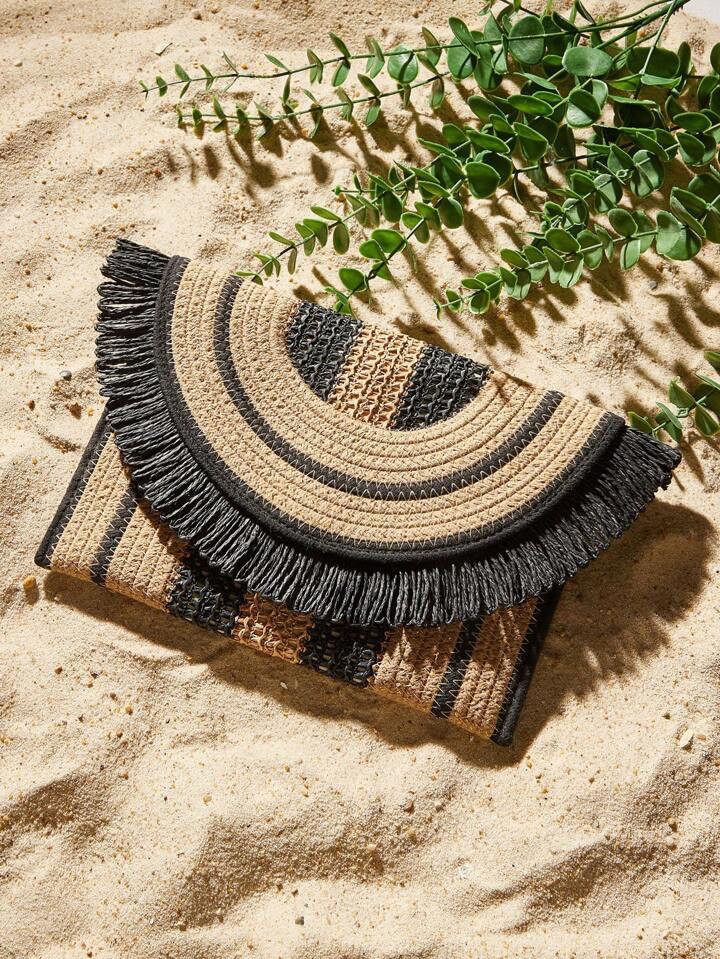 SHEIN SXY Fashionable Casual Dual-Color Straw Woven Fringe Clutch Purse For Women, Suitable For L... | SHEIN