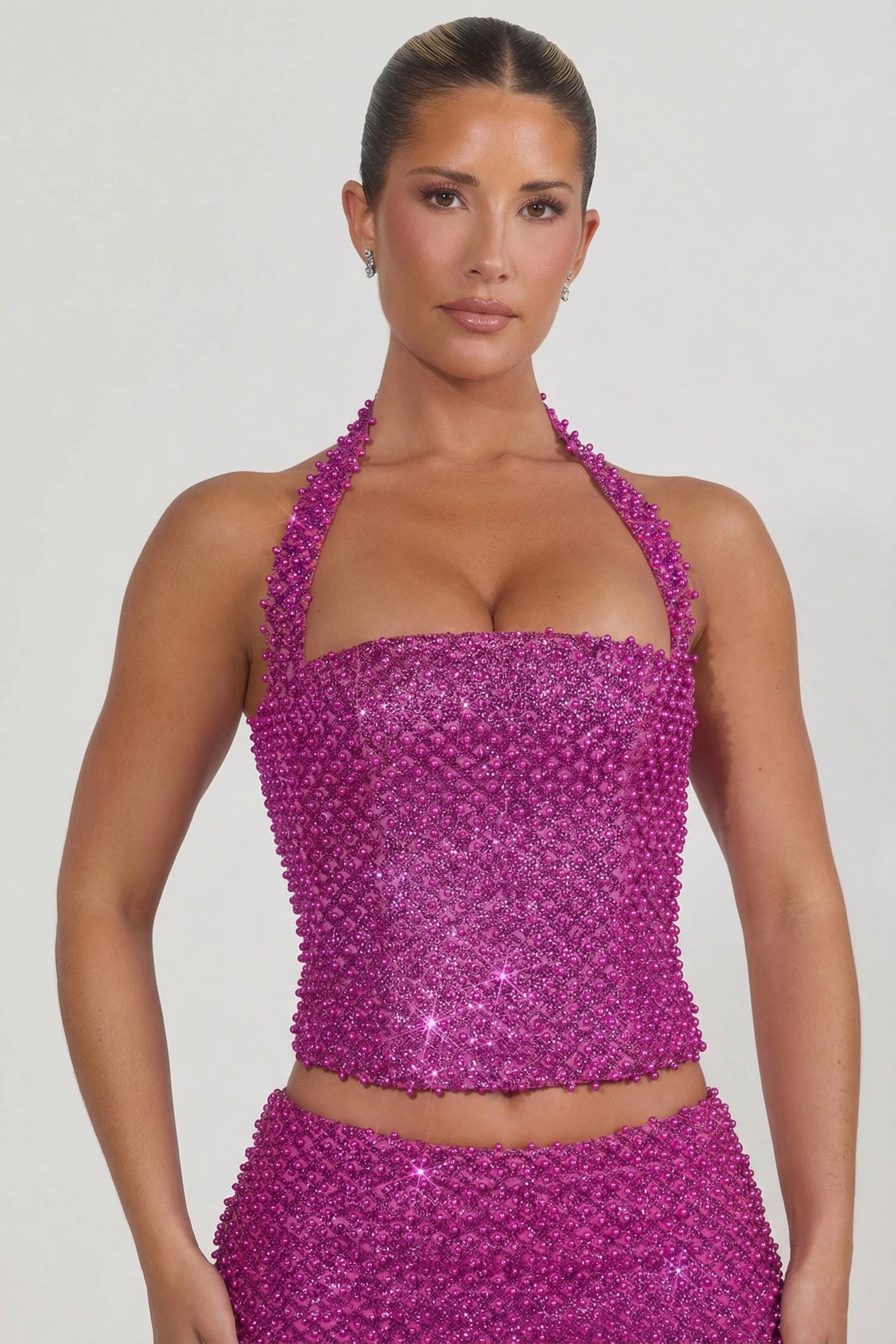 Embellished Halterneck Corset Top in Magenta | Oh Polly