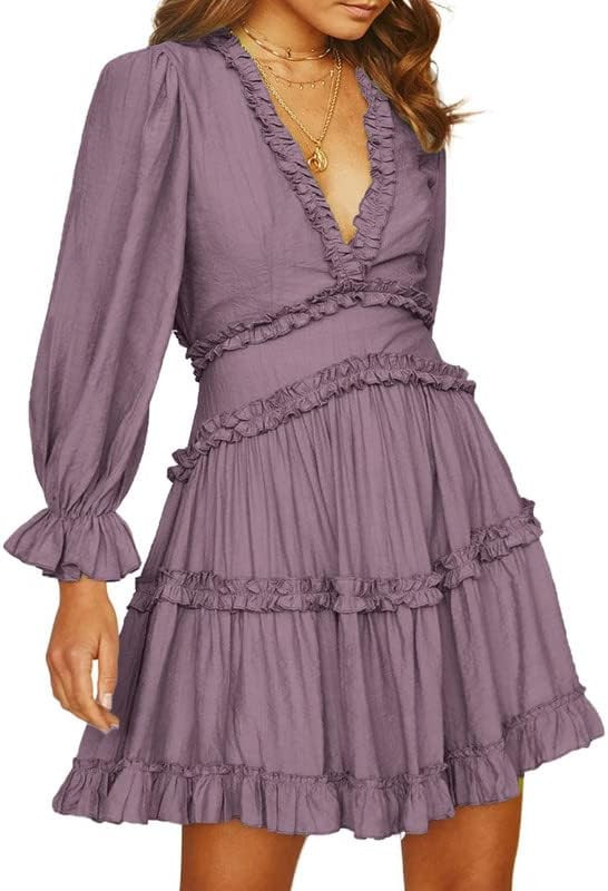 Dokotoo Womens 2023 Spring Summer Deep V Neck Ruffle Long Sleeve Floral Print Mini Dress | Amazon (US)