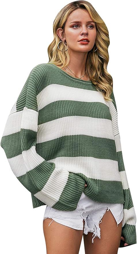 BerryGo Women's Casual Color Block Crew Neck Knitted Pullover Sweater Jumper Tops | Amazon (US)