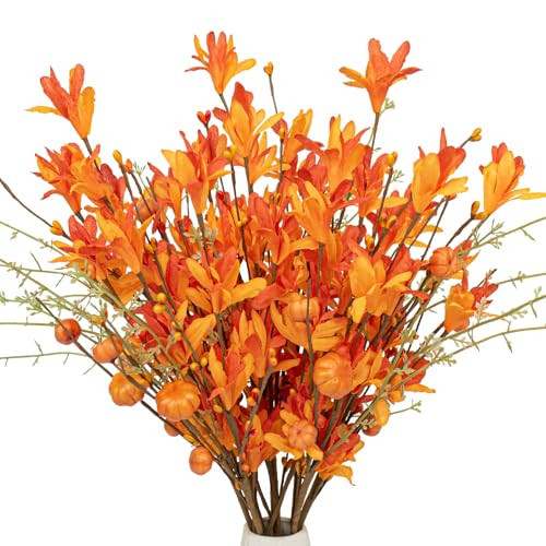 LLZLL Artificial Fall Flowers 12 Pack Fall Floral Picks with Pumpkins and Berries 17 Inch Orange Forsythia Stems for Autumn Flower Arrangements Home Thanksgiving Decorations | Amazon (US)