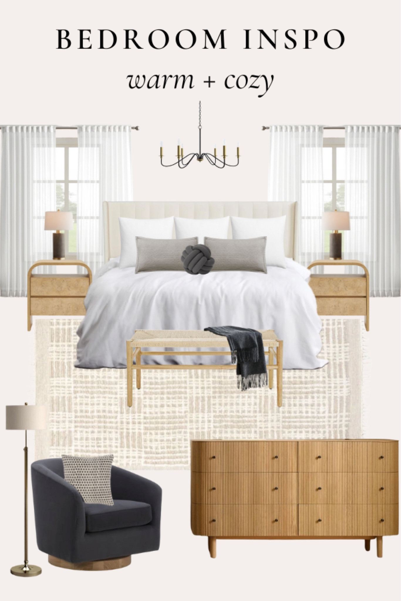 Cozy bedroom vibes with this earthy, moody bedroom design! I love the wood tones accented with a rich grey. 
•••
Bedroom furniture, upholstered bed, bed frame, wood nightstands, dresser, wood dresser, accent chair, swivel chair, light bedroom 

#LTKhome #LTKstyletip