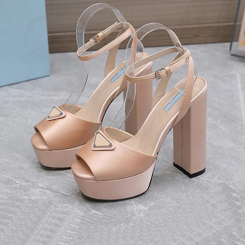 Fashion Satin Sandals Designer Triangular Buckle Decoration Chunky Heels Womens Shoes Top Quality... | DHGate
