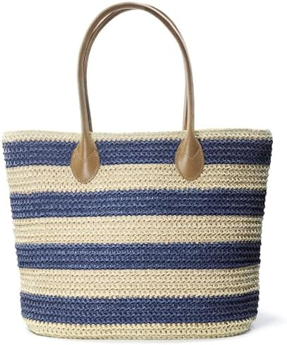 Striped Synthetic Straw Women's Tote Light Weight Vaction Shoulder Handbag | Amazon (US)