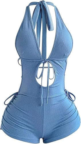 Milumia Women Deep V Neck Halter Romper Sexy Backless Y2k Going Out Outfits | Vacation Short Jump... | Amazon (US)