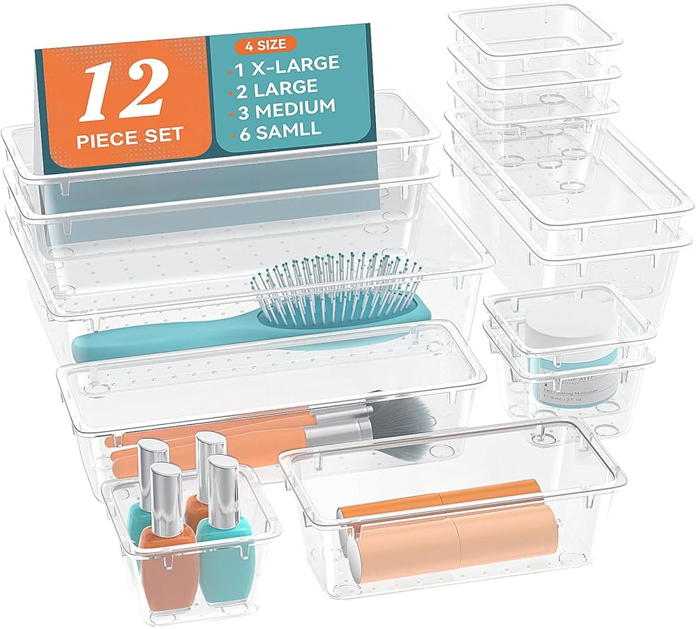 12 PCS Drawer Organizer Set, 4 Sizes Storage Drawer Units, Clear Plastic Makeup Vanity Organizer ... | Amazon (US)