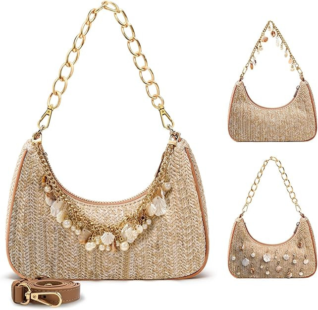 Beach Purse Straw Shoulder Bag for Women Summer Beaded Bag for Vacation Travel with Shell Pearl B... | Amazon (US)