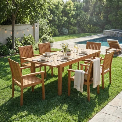 7 Pieces Acacia Wood Outdoor Dining Set, Modern 6 Chairs and 1 Large Table, Durable and Stylish for Lawn, Backyard, Garden Deck, Poolside | Wayfair North America