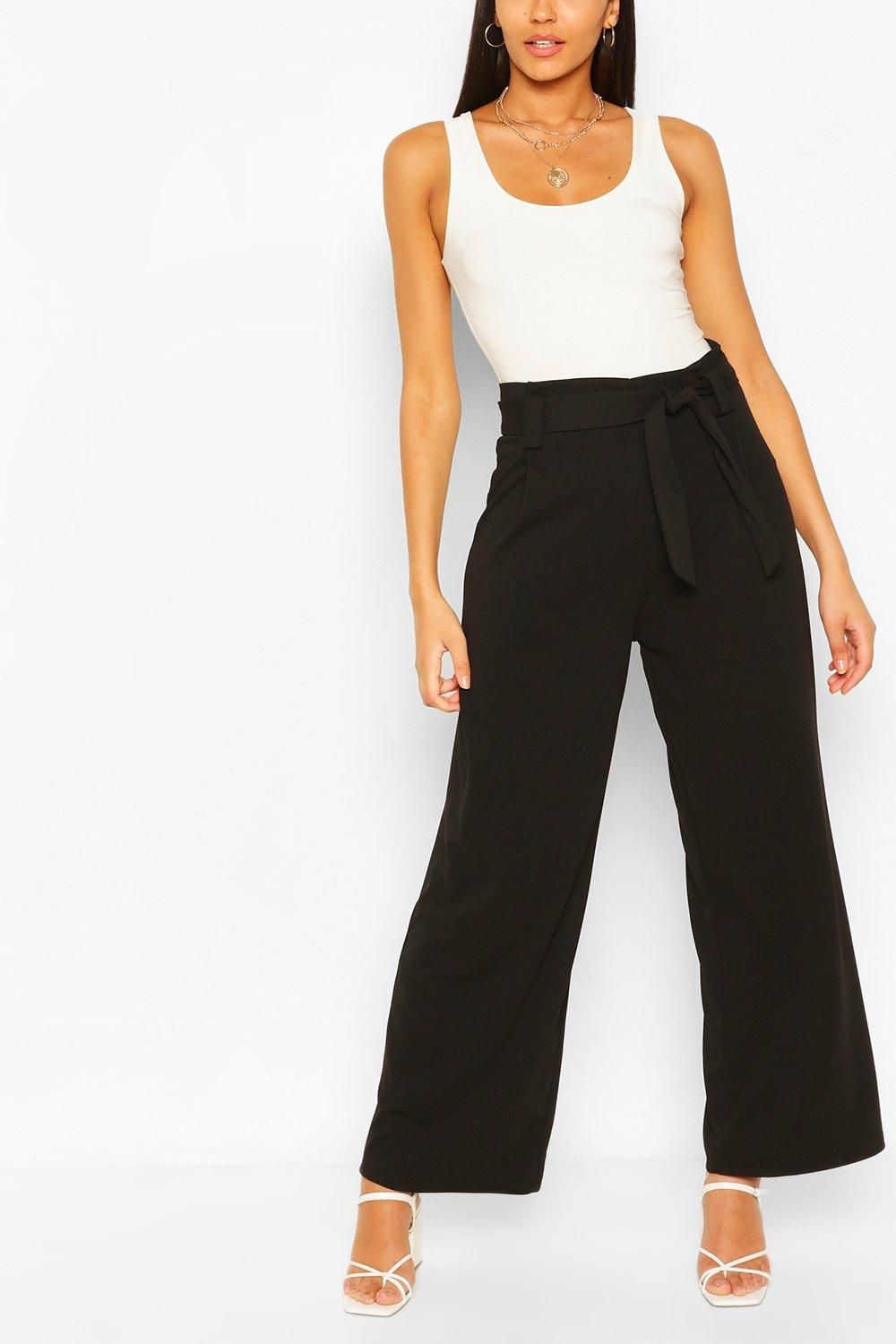 Womens Paperbag Waist Woven Wide Leg Pants - Black - 8 | Boohoo.com (US & CA)