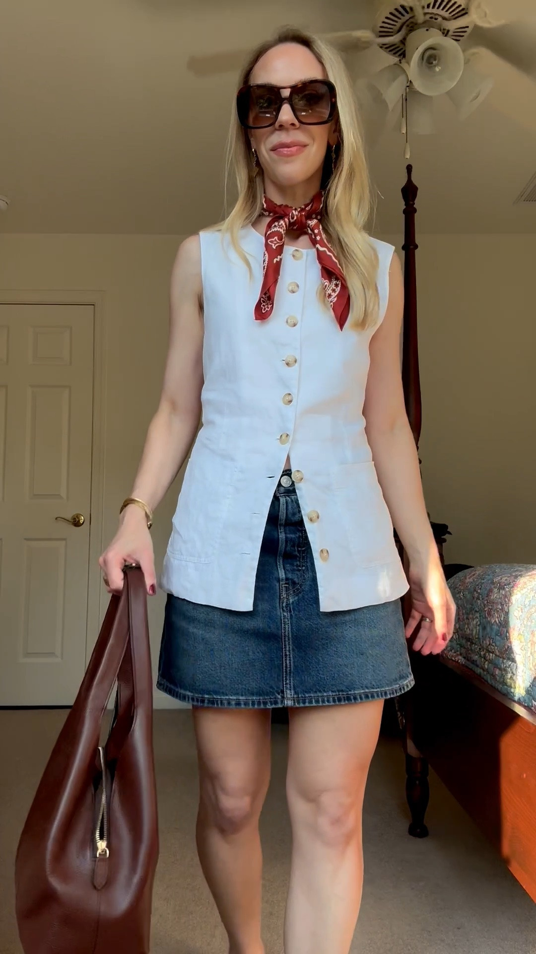 Transitional summer to fall outfit with linen vest, denim mini skirt and bandana scarf @Madewell

#LTKOver40 #LTKSeasonal #LTKSaleAlert