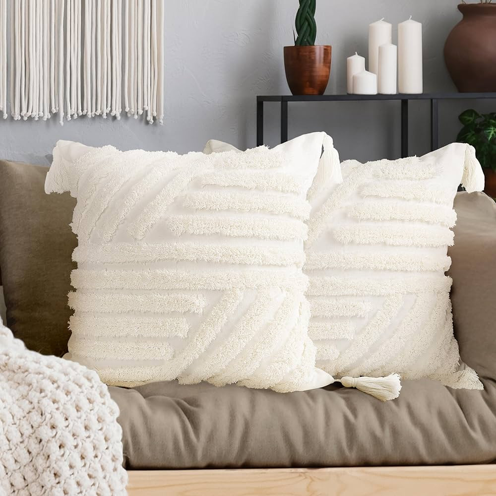 AELS Boho Decorative Textured Throw Pillow Covers with Tassels 18x18, Set of 2, Modern Geometric ... | Amazon (US)