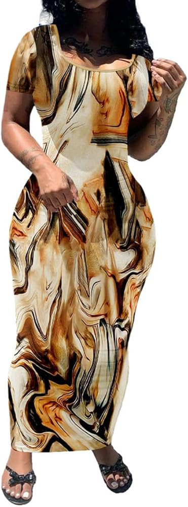 PINSV Women's Casual Bodycon Maxi Dress Summer Scoop Neck Short Sleeve Long Fitted Dresses Club P... | Amazon (US)