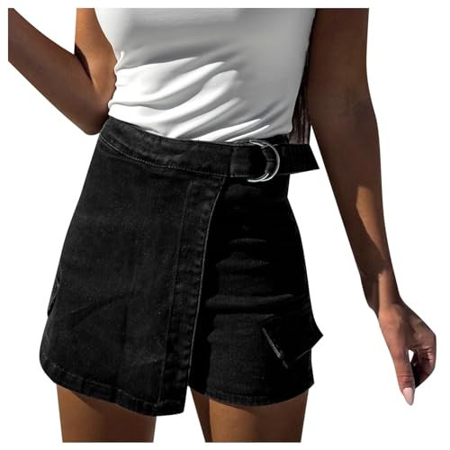 Generic Denim Skort for Women Y2k Mini Denim Skirt Side Slit High Waisted Jean Skirt Stretchy Denim Mini Skirt with Pockets Y2k Skirt, Medium, #D9-black | Amazon (US)