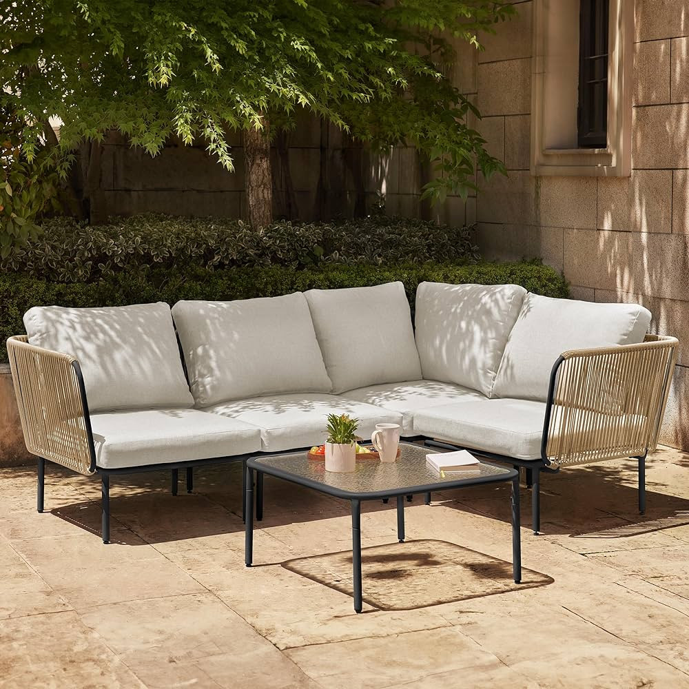 EAST OAK 5-Piece Montauk Modular Patio Furniture Set, Outdoor Corner Sofa with Cushion and Glass Coffee Table, Modern Patio Conversation Set for Garden, Backyard and Porch, Beige & Grey | Amazon (US)