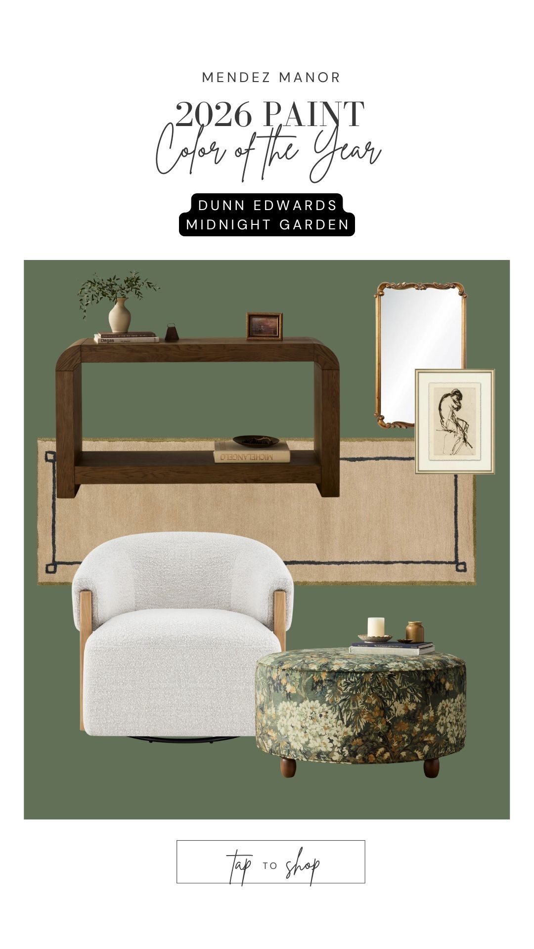 “Midnight Garden” is the Dunn Edwards paint color of the year for 2026. 👏🏻 I love this beautiful shade of green! 

#swivelchair #consoletable #sidechair #ottoman #tapestry #runnerrug

#LTKHome #LTKFindsUnder100 #LTKFindsUnder50