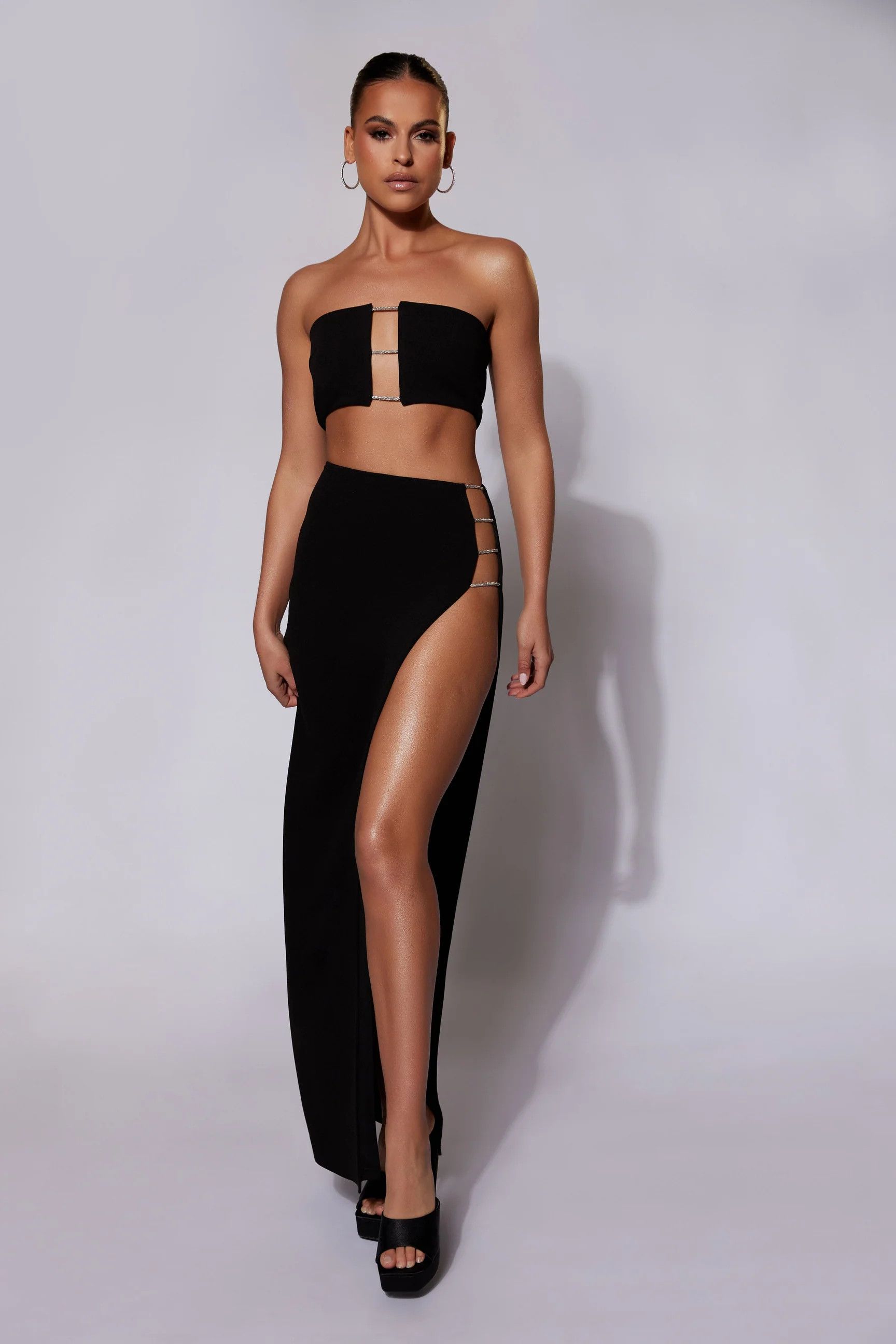 Anastasia Diamante Rope Maxi Skirt With Split - Black | MESHKI US