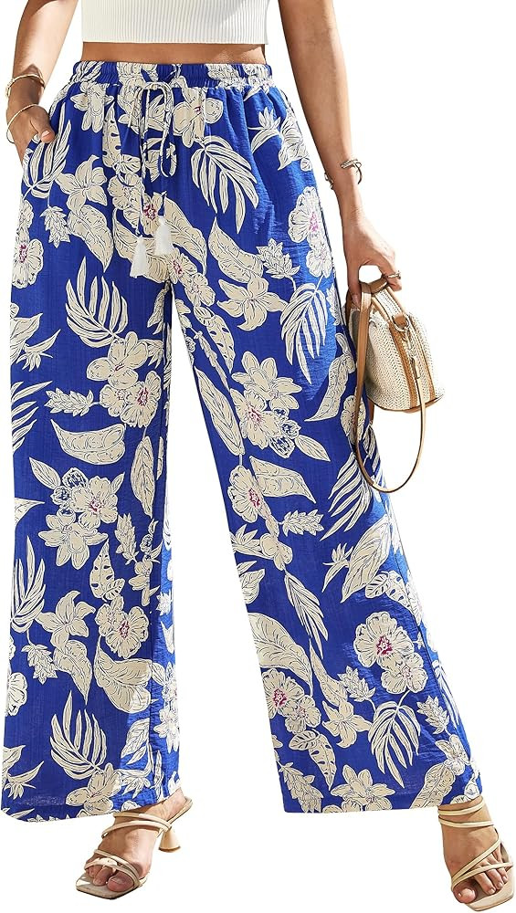 LOOKBOHO Women's Wide Leg Pants High Waisted Drawstring Loose Palazzo Pant Trendy Casual Flowy Be... | Amazon (US)