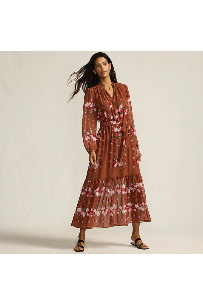 Women's Chiffon Tiered Long Sleeve Maxi Dress - Lands' End - Brown - XL | Lands' End (US)
