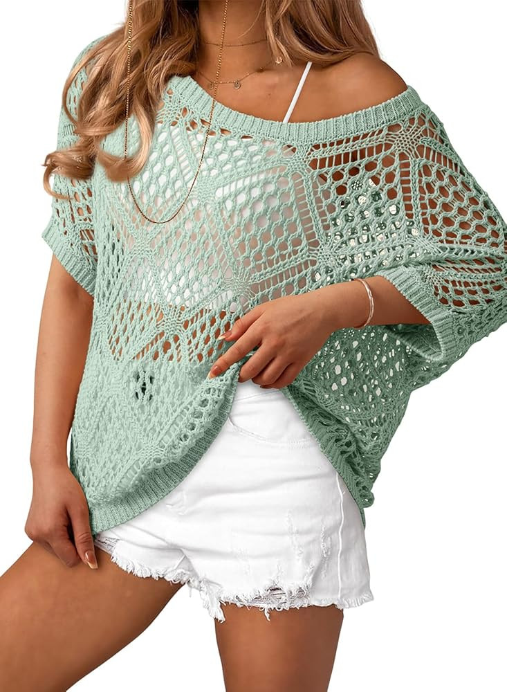 Dokotoo Women's Crochet Cover Up Tops Summer Short Sleeve Off Shoulder Sweater Shirts Beach Swims... | Amazon (US)