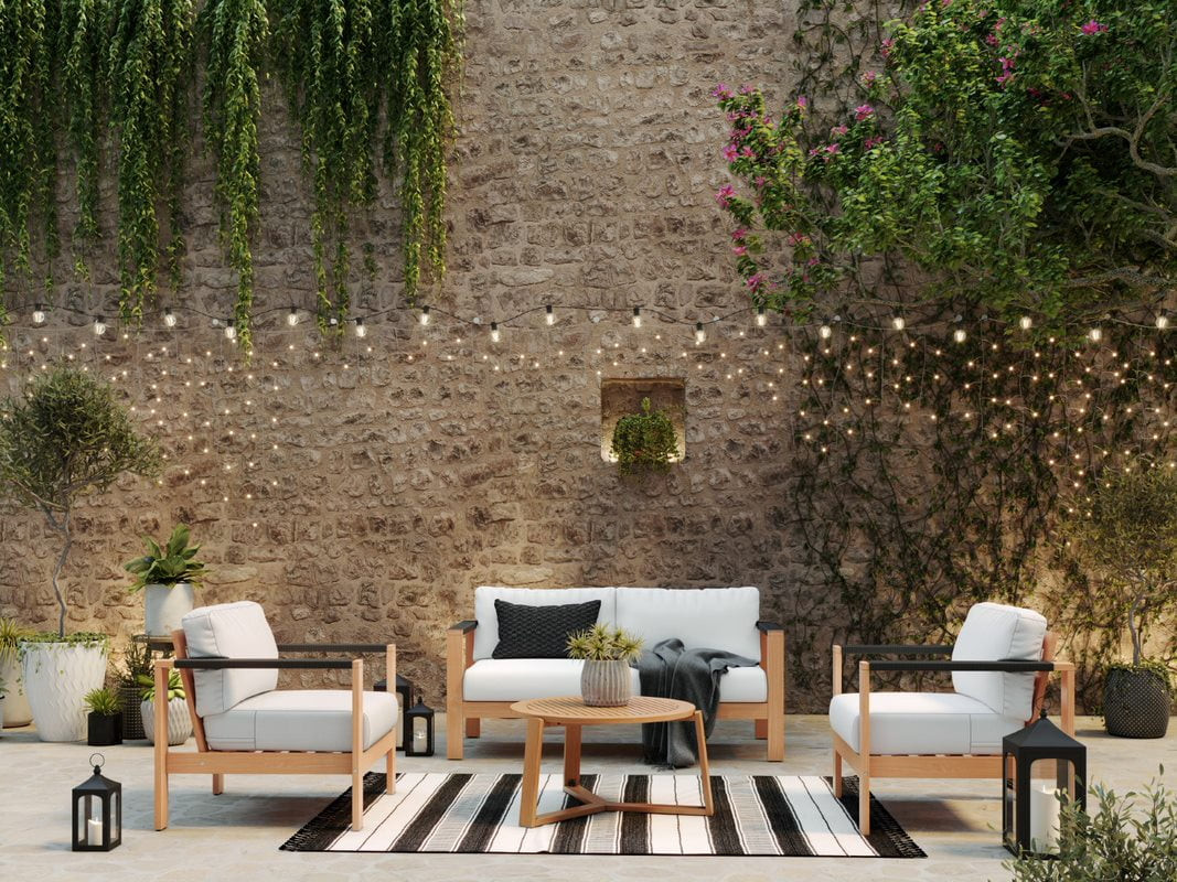 Better Homes & Gardens Braxton 4-Piece Wood Outdoor Conversation Set with Off-White Cushions - Wa... | Walmart (US)