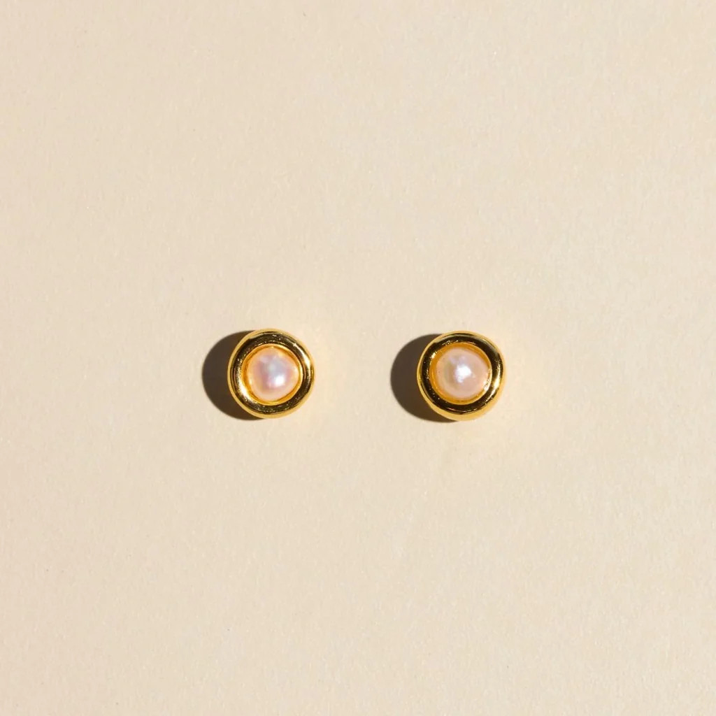 Gold Mini Pearl Bezel Stud Earrings | Nickel and Suede
