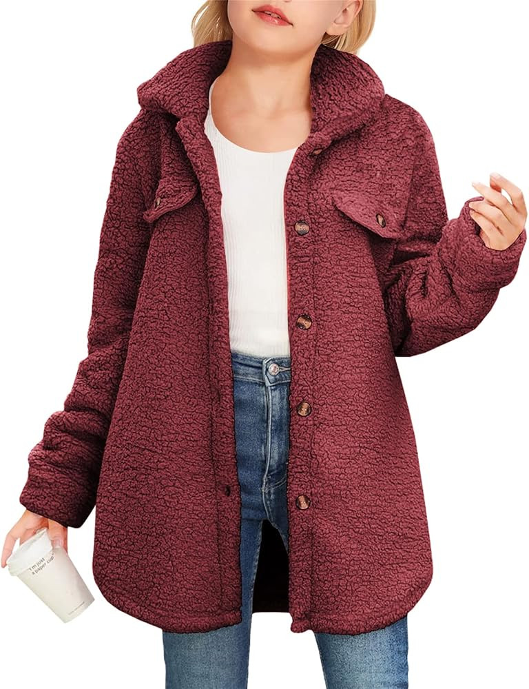 Haloumoning Girls Fuzzy Fleece Jacket Casual Button Down Sherpa Overcoat Faux Fur Jackets Outwear... | Amazon (US)
