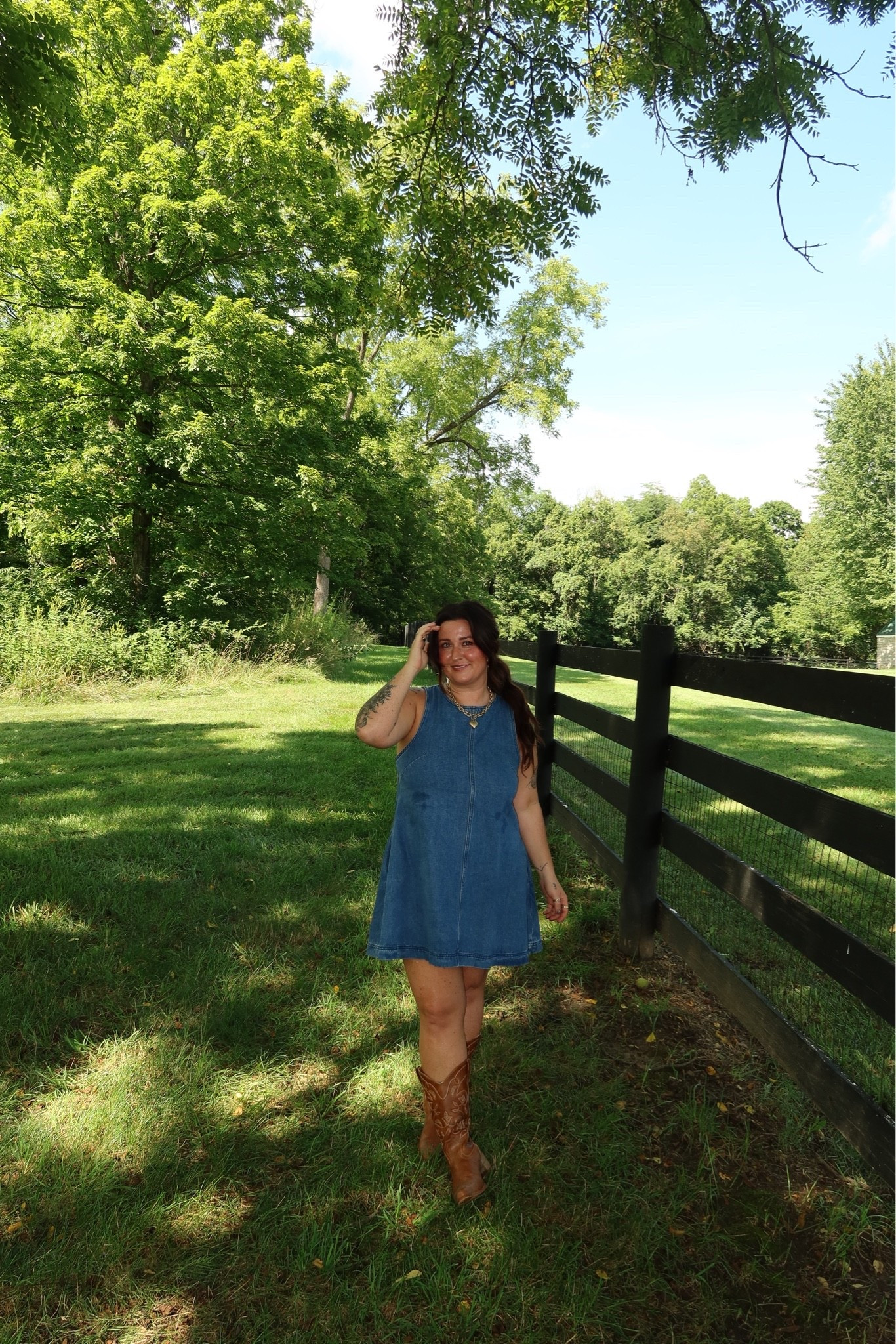 Denim dress + cowgirl boots combo! I’m 5’1 size 8/10 wearing a medium in the denim dress and boots run tts

#LTKMidsize #LTKBeauty #LTKSeasonal