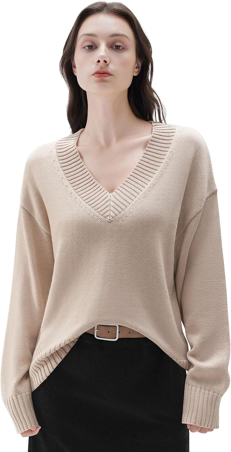SUUKSESS Women Cashmere Blend Oversized Sweater V Neck Long Sleeve Pullover | Amazon (US)